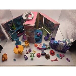 POLLY POCKET Super Stylin Mall Store Salon Shop Fold Out Carry Case & Accs 32 Pc
